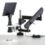 AmScope H800-APC-96S-TP 0.7X-5X Zoom Monocular Inspection Microscope on Articulating Arm w/ Pillar + LED Ring Light + 9.7" Touchscreen Imaging System - Image 2